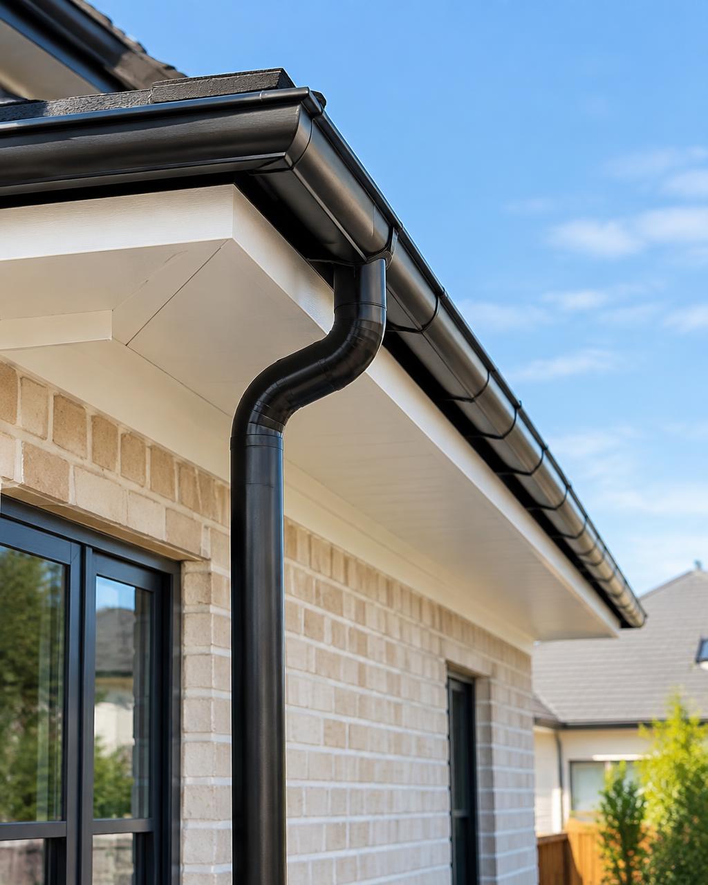 Newly installed black seamless gutter and downpipe on a residential home